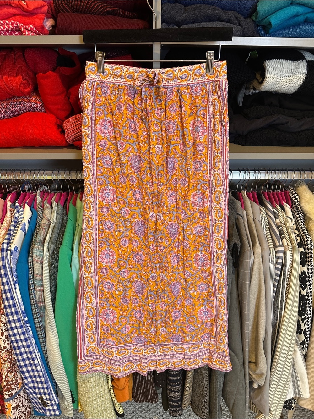 Rachel Roy orange/blue floral elastic cinch waistband with tie midi skirt size S